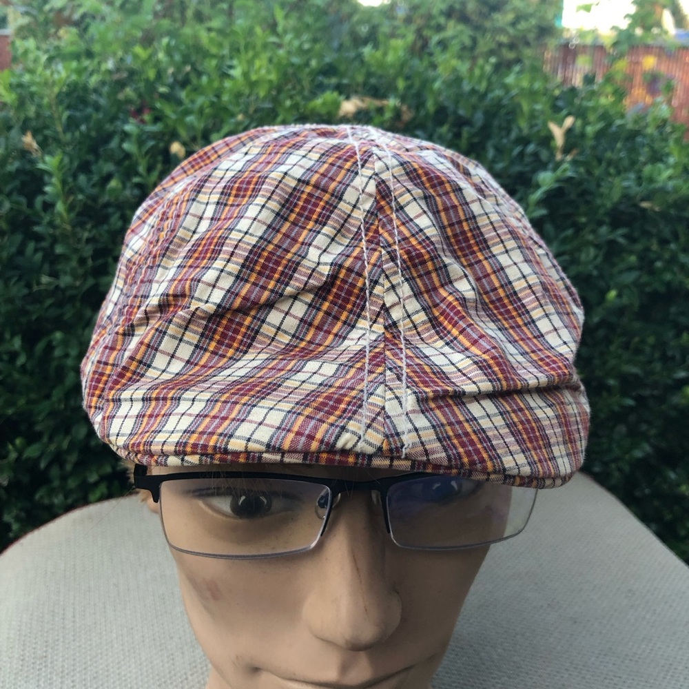 Crown Co Men's Plaid Newsboy Cap in Cream, Brown & Orange Sz L/XL